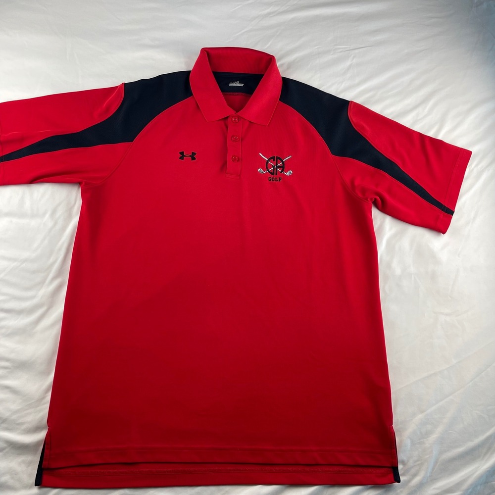 Under Armour Mens Large Red Black Colorblock Golf Polo Shirt GF Golf Embroidered